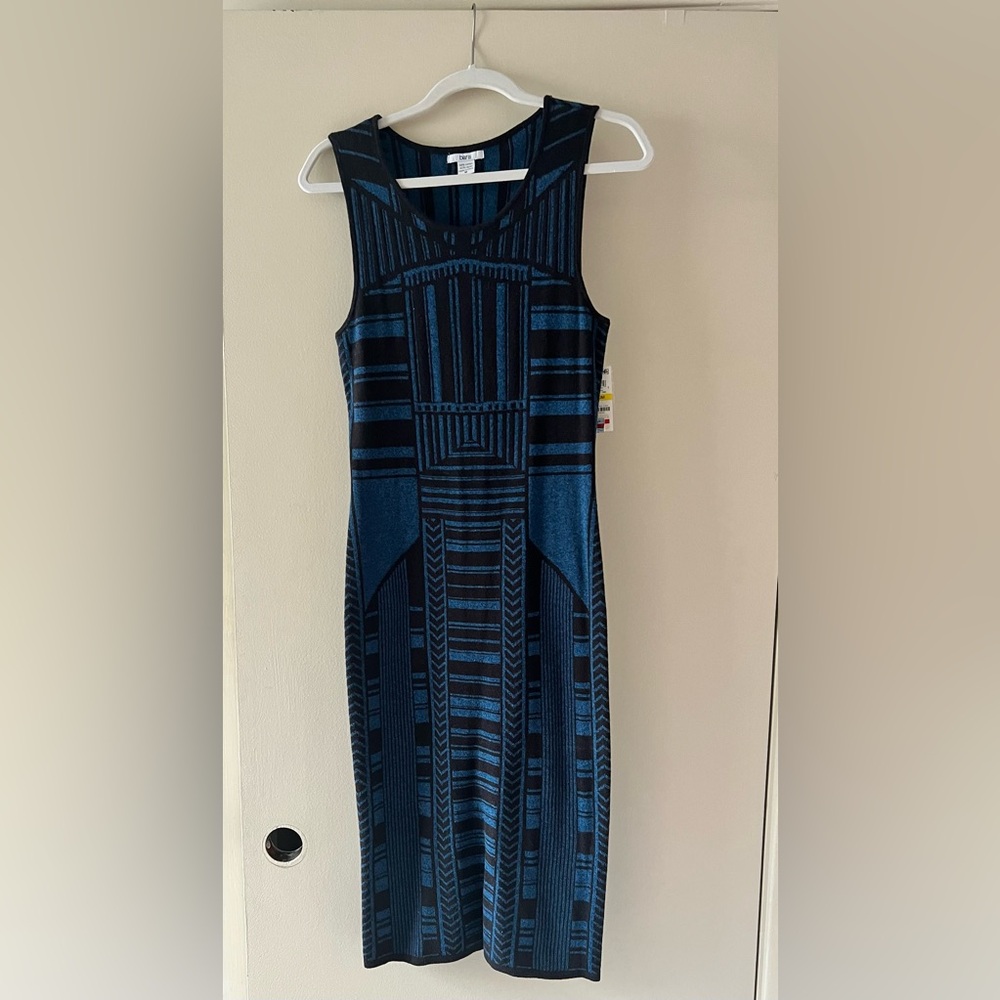 Blue and Black Sheath Midi Dress with Crew Neck